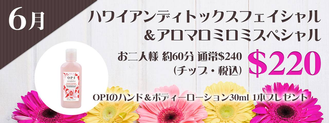 6月:ハワイアンディトックスフェイシャル&アロマロミロミスペシャル220ドル